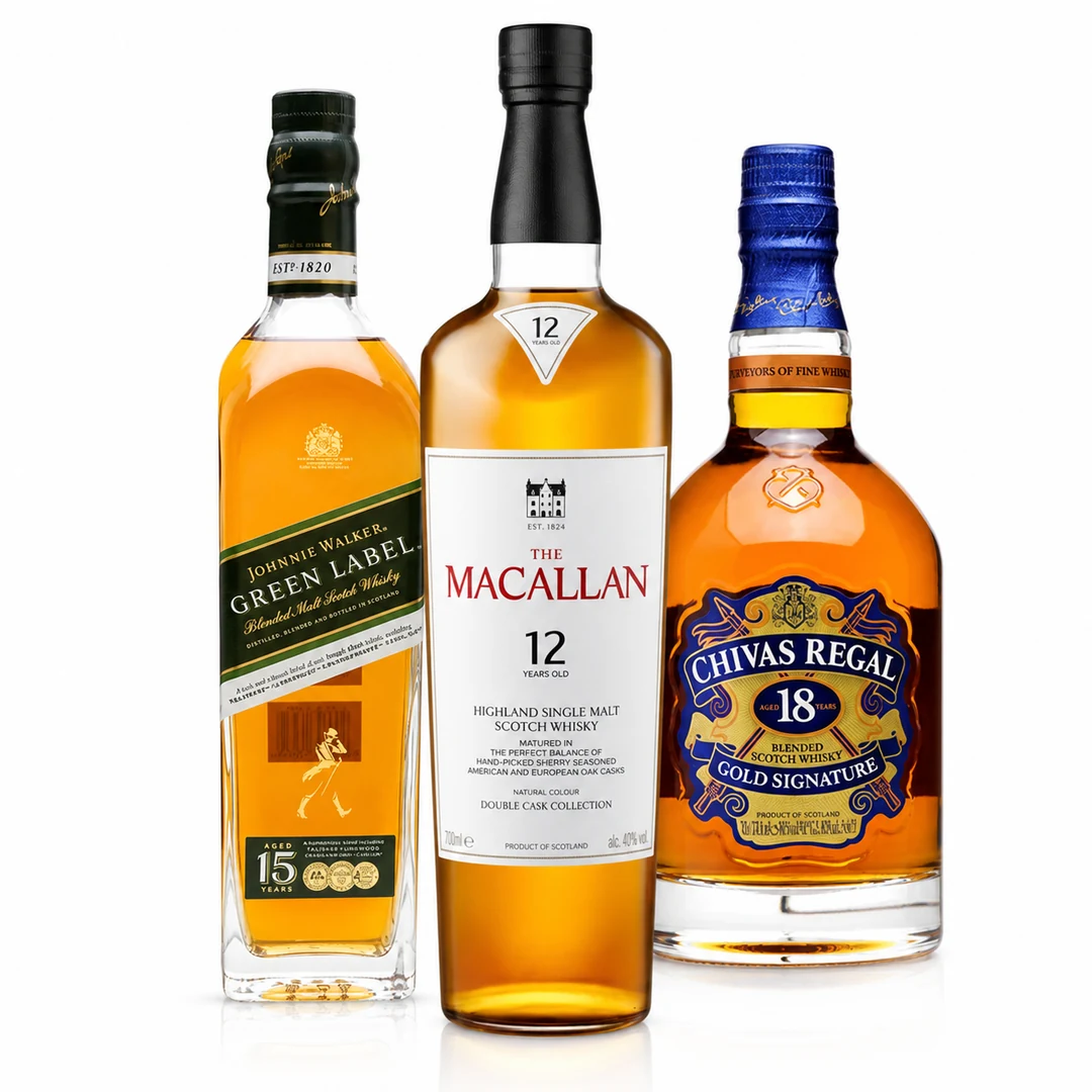 Johnnie Walker Green Label 15, The Macallan Double Cask 12 και Chivas Regal 18